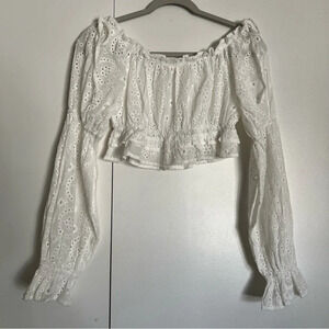 Altar’d State White Eyelet Crop Long Sleeve Top With Bows size small